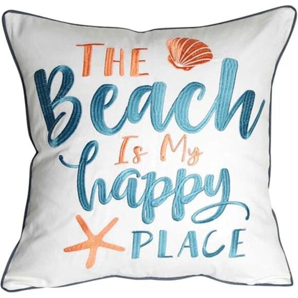 Embroidered The Beach is My Happy Place Throw Pillow Cover,Square 18 inches - Picture 14 of 14
